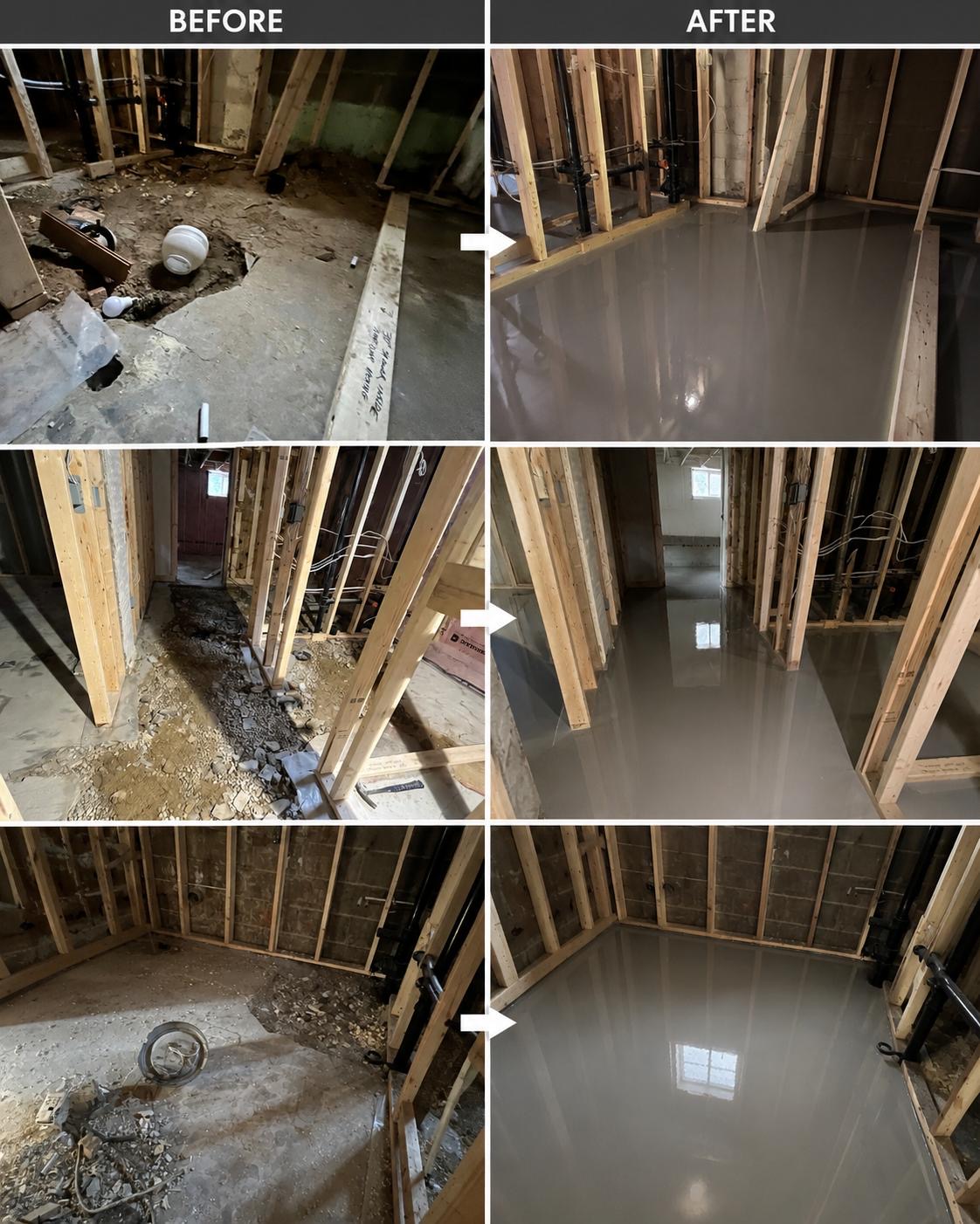 Before and after collage of a Toronto basement floor levelling project by H&H Flooring