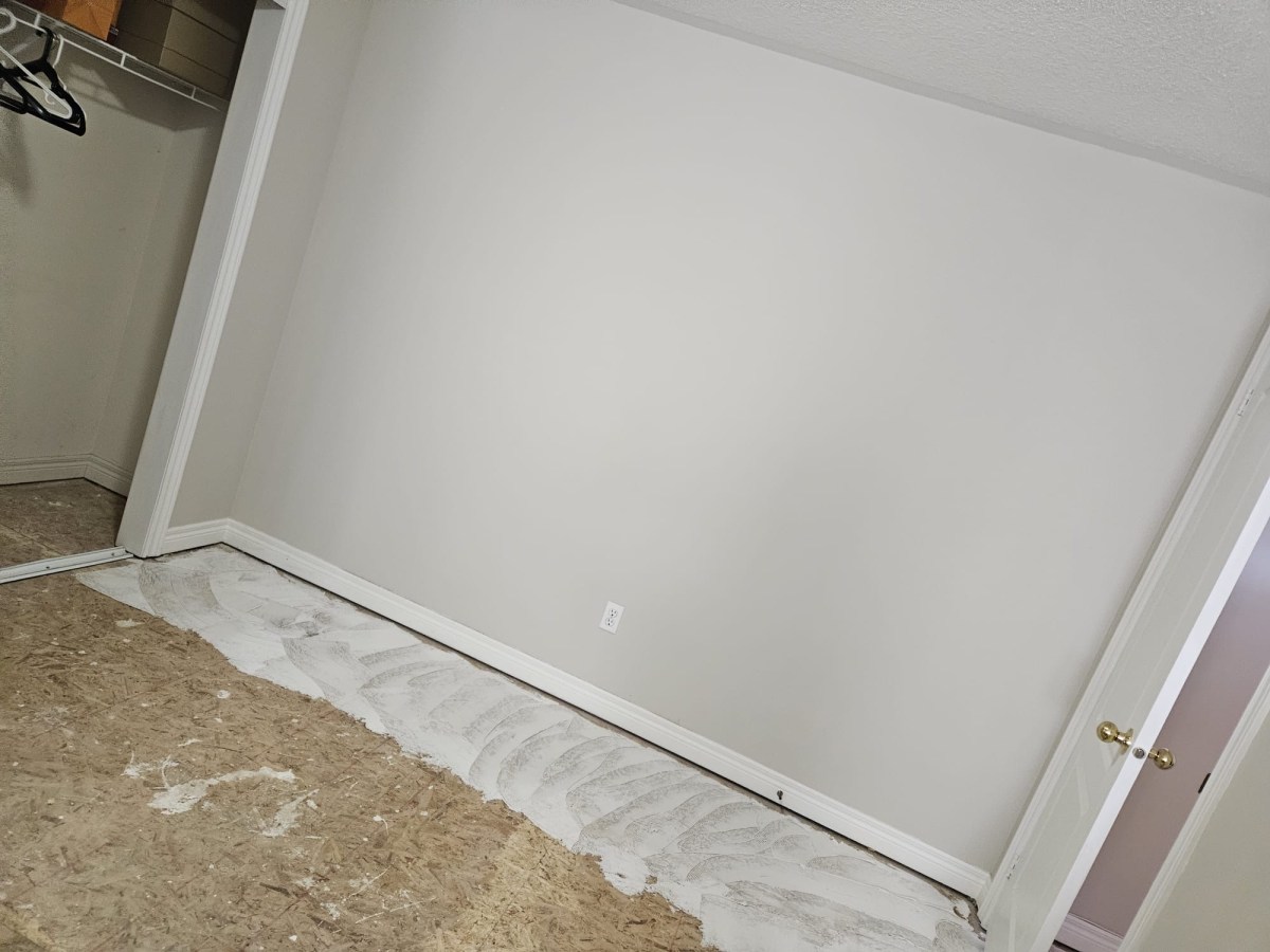 Plywood subfloor with levelling compound patched along the wall of an empty bedroom